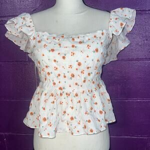 Lena Cottagecore White Daisy Floral Smocked Romantic Boho Peplum Top Size Large